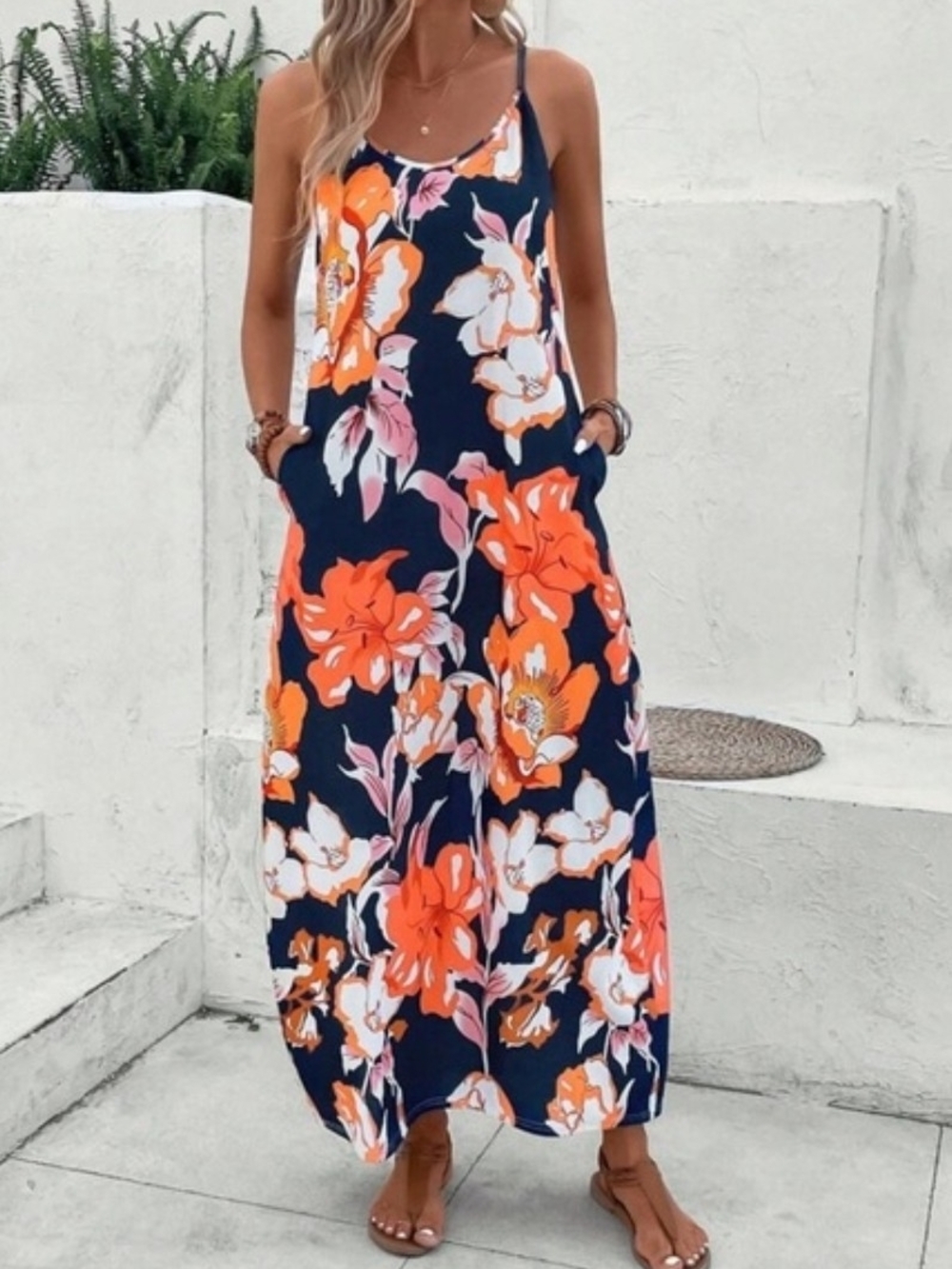 Boho, Navy Floral Maxi Sundress with Orange & White Blooms
